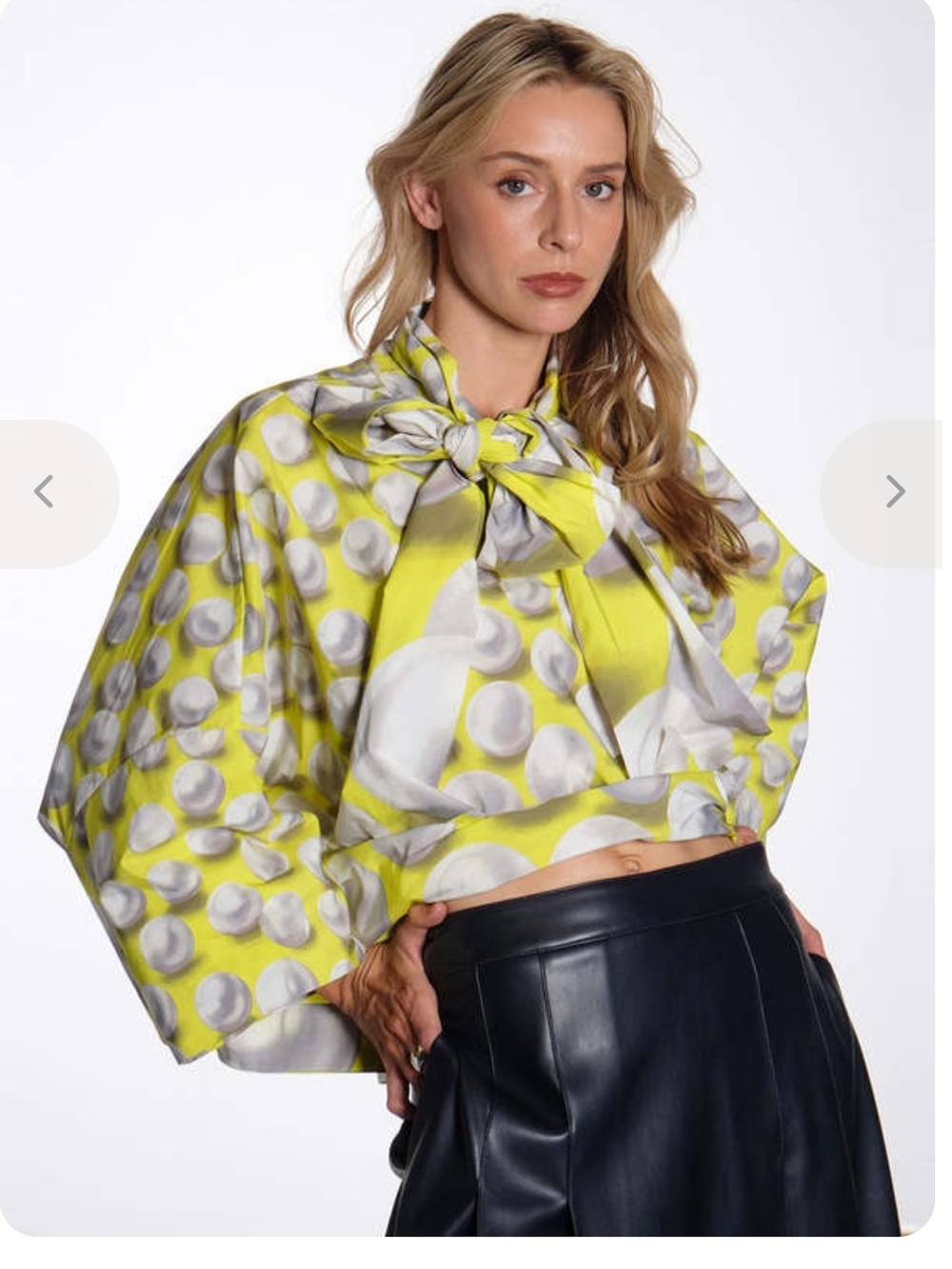 Tie-Neck Polka Dot Crop Blouse in Yellow and Gray